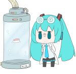  1girl @_@ absurdres aqua_eyes aqua_hair aqua_neckwear arms_behind_back black_legwear black_skirt bubble chibi coat coke-bottle_glasses commentary food glasses goggles goggles_on_head grey_shirt hair_ornament hatsune_miku hatsune_negame headphones highres labcoat long_hair necktie nigirizushi pipe pleated_skirt scientist shirt simple_background skirt sleeveless sleeveless_shirt solid_oval_eyes solo standing sushi tube twintails vat very_long_hair vocaloid white_background white_coat 