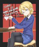  1girl artist_name bangs black_legwear black_neckwear blonde_hair blue_eyes blue_skirt blue_sweater braid chair character_name closed_mouth crossed_legs cup darjeeling_(girls_und_panzer) dated dress_shirt english_text eyebrows_visible_through_hair girls_und_panzer half-closed_eyes happy_birthday highres holding holding_cup long_sleeves looking_at_viewer miniskirt necktie outline pantyhose plaid plaid_background pleated_skirt school_uniform shirt short_hair signature sitting skirt smile solo st._gloriana&#039;s_school_uniform sweater table teacup tied_hair toon_(noin) twin_braids v-neck white_outline white_shirt wing_collar 