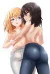  2girls andou_(girls_und_panzer) ass black_hair blonde_hair blue_eyes blue_pants breasts brown_eyes commentary_request denim girls_und_panzer grey_pants highres jeans kitayama_miuki large_breasts medium_hair multiple_girls oshida_(girls_und_panzer) pants small_breasts topless yuri 