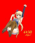  1girl 2021 armpits blonde_hair boots breasts brown_eyes clenched_hands dated detached_sleeves eyebrows_visible_through_hair fairy_tail full_body highres large_breasts long_hair looking_at_viewer lucy_heartfilia mashima_hiro official_art parted_lips red_background side_ponytail sideboob simple_background solo teeth thigh_boots thighhighs 