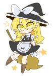  1girl angry apron black_bow black_skirt black_vest blonde_hair boots bow broom buttons chibi hat highres kirisame_marisa medium_skirt op_na_yarou shirt short_sleeves skirt star_(symbol) touhou turtleneck vest waist_apron white_bow white_shirt witch witch_hat yellow_eyes 