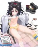  1girl :q animal_ears areolae bandaid bandaid_on_nose bandaids_on_nipples bangs bangs_pinned_back black_hair breasts c-ms_(girls_frontline) cat_ears cbj-ms closed_mouth commentary_request commission eyebrows_visible_through_hair eyelashes eyes_visible_through_hair feet_out_of_frame fish_skeleton footwear_removed girls&#039;_frontline gun heart heart_panties heart_print highres kneehighs licking_lips long_hair mismatched_legwear navel panties pasties pink_eyes polka_dot polka_dot_legwear print_panties sitting small_breasts smile solo star_(symbol) striped striped_legwear submachine_gun timitarcat tongue tongue_out underwear weapon x_x yellow_panties 