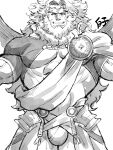  1boy abs bara beard bulge cowboy_shot facial_hair fate/grand_order fate_(series) greek_clothes greyscale grin highres kirupi long_hair looking_at_viewer male_cleavage male_focus mature_male monochrome muscular muscular_male old old_man pectorals sash sidepec smile solo thick_thighs thighs very_long_hair zeus_(fate) 