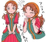  1girl blush breasts closed_mouth curly_hair dragon_quest dragon_quest_vii dress hood long_hair looking_at_viewer maribel_(dq7) miyama_(kannsannn) open_mouth red_hair simple_background solo tearing_up white_background 