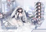  1girl azuma_(azur_lane) azuma_(lily-white_longing)_(azur_lane) azur_lane black_hair bouquet breasts bridal_veil bride cleavage commentary_request expressionless flower gloves hair_flower hair_ornament high_heels highres kishiyo large_breasts long_hair looking_at_viewer official_alternate_costume official_art promotional_art sakura_empire_(emblem) see-through sitting thighhighs veil wariza white_footwear white_gloves white_legwear yellow_eyes 