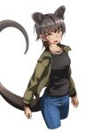  1girl absurdres alternate_costume animal_ears arms_at_sides black_shirt blush brown_hair casual commentary contemporary cowboy_shot cropped_legs denim eyebrows_visible_through_hair fossa_(kemono_friends) fossa_ears fossa_tail green_jacket highres jacket jeans kemono_friends long_sleeves looking_at_viewer open_clothes open_jacket pants shirt short_hair slit_pupils solo tail tan tanabe_(fueisei) unzipped walking white_background yellow_eyes zipper 