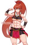  1girl abs arm_up artist_name bare_shoulders bike_shorts breasts chain commentary_request feet_out_of_frame flexing hair_between_eyes hand_on_hip highres large_breasts long_hair looking_at_viewer masamune_oekaki muscular muscular_female navel original ponytail pose red_hair simple_background sleeveless smile solo standing underboob very_long_hair watermark white_background 