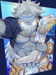  1boy abs bara bare_pectorals beard black_sclera colored_sclera cowboy_shot facial_hair fate/grand_order fate_(series) greek_clothes grin highres lightning lightning_glare long_hair looking_at_viewer male_focus mature_male muscular muscular_male old old_man pectorals pov sash smile solo stomach undressing very_long_hair yaosan233 zeus_(fate) 