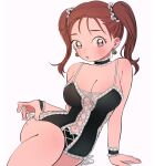  1girl bare_shoulders blush breasts brown_eyes brown_hair cleavage corset dragon_quest dragon_quest_viii earrings jessica_albert jewelry large_breasts long_hair looking_at_viewer miyama_(kannsannn) open_mouth simple_background solo twintails white_background 