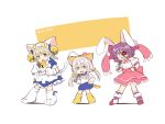  3girls ahoge animal_ears animal_hat apron bare_shoulders bell blue_dress blue_sailor_collar blue_skirt brown_eyes brown_hair bunny_ears cat_ears cat_hat cat_tail chibi cosplay dejiko dejiko_(cosplay) di_gi_charat dice_hair_ornament dress eyepatch fake_animal_ears frilled_apron frills gloves grey_eyes grey_hair hair_bell hair_ornament hat hayasaka_mirei heart holding holding_microphone hoshi_syoko idolmaster idolmaster_cinderella_girls individuals_(idolmaster) jingle_bell long_hair low_twintails maid_apron microphone morikubo_nono multiple_girls mushroom off-shoulder_shirt off_shoulder party_night paw_shoes pink_skirt puchiko puchiko_(cosplay) puffy_short_sleeves puffy_sleeves purple_hair ringlets sailor_collar shirt shoes short_sleeves skirt striped_tail tail twintails two-tone_background uccow usada_hikaru usada_hikaru_(cosplay) very_long_hair white_apron white_background white_footwear white_gloves white_headwear white_shirt yellow_background yellow_footwear 