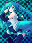  aqua_eyes aqua_hair boots checkered checkered_background collaboration collaboration_request detached_sleeves hatsune_miku headset highres long_hair necktie one_eye_closed skirt solo thigh_boots thighhighs twintails very_long_hair vocaloid yuzuki_sora 