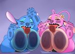  2018 alien angel_(lilo_&amp;_stitch) areola ber00 big_breasts black_eyes blue_claws blue_fur blue_nose breasts butt claws digital_media_(artwork) disney duo experiment_(species) female fur hair head_tuft hi_res huge_breasts lilo_and_stitch looking_at_viewer nipples notched_ear nude open_mouth simple_background stitch thick_thighs tongue tongue_out 