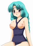  absurdres between_breasts blue_eyes blush breasts canal_vorfeed highres large_breasts lost_universe nipples one-piece_swimsuit school_swimsuit solo sugimura_tomokazu swimsuit 