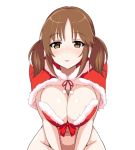  1girl arms_between_legs between_thighs bottomless breasts brown_eyes brown_hair cleavage eyebrows_visible_through_hair fur-trimmed_bikini_top fur-trimmed_hood hood idolmaster idolmaster_cinderella_girls looking_at_viewer navel out-of-frame_censoring pom_pom_(clothes) red_ribbon ribbon sidelocks simple_background solo tawashi1623 totoki_airi twintails upper_body v_arms white_background wide_hips 