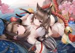  2girls absurdres amagi-chan_(azur_lane) amagi_(azur_lane) amagi_(wending_waters_serene_lotus)_(azur_lane) animal_ears artist_name azur_lane ball bangs bare_back bare_shoulders bell blunt_bangs breasts brown_hair cherry_blossoms cleavage eyebrows_visible_through_hair fox_ears fox_girl hair_ornament heart heart-shaped_pupils highres japanese_clothes large_breasts light_blush long_hair lying lying_on_person lying_on_water medium_hair multiple_girls official_alternate_costume on_back petals purple_eyes ripples see-through short_eyebrows shrine_bell sidelocks signature small_breasts smile swimsuit symbol-shaped_pupils temari_ball thick_eyebrows tiyu untied_swimsuit very_long_hair water water_surface 