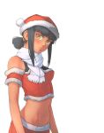  1girl absurdres bangs black_hair blunt_bangs breasts brown_eyes christmas closed_mouth detached_sleeves eyebrows_visible_through_hair fur-trimmed_headwear fur-trimmed_sleeves fur_trim gloomy_(leonzo030) grey_background hat highres leonzo looking_at_viewer medium_breasts midriff navel original red_headwear red_skirt santa_costume santa_hat scarf sidelocks simple_background skirt solo stomach upper_teeth white_scarf 