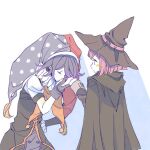  1boy 1girl bangs black_hair blush_stickers brown_cape brown_gloves brown_hair brown_headwear buttons cape closed_eyes commentary_request danganronpa_(series) danganronpa_v3:_killing_harmony gloves grey_background hand_kiss hat holding_hand jester jester_cap jingle_(mhb729) kiss looking_at_another medium_hair official_alternate_costume ouma_kokichi pink_hair polka_dot short_sleeves witch_hat yumeno_himiko 