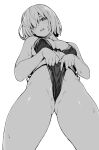  1girl bikini bikini_lift breasts clothes_lift fate/grand_order fate_(series) fingernails from_below greyscale head_tilt highres jp06 large_breasts lifted_by_self looking_at_viewer mash_kyrielight monochrome parted_lips short_hair side-tie_bikini simple_background solo standing sweat swimsuit white_background 