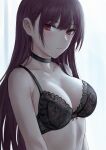  1girl bangs bare_arms bare_shoulders black_bra black_choker blush bra breasts choker cleavage closed_mouth collarbone eyebrows_visible_through_hair from_side girls&#039;_frontline highres large_breasts long_hair looking_at_viewer purple_hair red_eyes selcky solo underwear upper_body wa2000_(girls&#039;_frontline) 