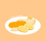  artist_name bird chai crepe food food_focus fruit highres no_humans orange_(food) orange_background orange_slice orange_theme original plate simple_background 