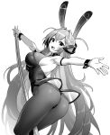  1girl :3 animal_ears armband ass azur_lane bangs blush breasts eyebrows_visible_through_hair fake_animal_ears greyscale hair_between_eyes hair_ornament highleg highleg_leotard highres hori_(hori_no_su) large_breasts leotard long_hair monochrome new_jersey_(azur_lane) new_jersey_(exhilarating_steps!)_(azur_lane) official_alternate_costume pantyhose pole pole_dancing reaching_out simple_background solo very_long_hair white_background wristband 