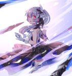  1girl alternate_eye_color bare_shoulders gloves honkai_(series) honkai_impact_3rd looking_at_viewer looking_to_the_side open_mouth ponytail red_eyes simple_background skirt surprised theresa_apocalypse theresa_apocalypse_(twilight_paladin) white_background white_gloves white_hair white_legwear zhandou_greymon 