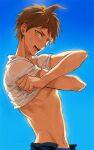  1boy ahoge bangs blue_background blush brown_eyes brown_hair clothes_lift commentary_request cowboy_shot danganronpa_(series) danganronpa_2:_goodbye_despair hands_up hinata_hajime looking_at_viewer male_focus navel open_mouth open_pants pants shirt shirt_lift short_hair simple_background sky solo tewa_(0120831) toned toned_male undressing upper_teeth wet white_shirt 