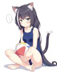  ... 1girl animal_ear_fluff animal_ears ball bangs bare_shoulders barefoot beachball black_hair blue_swimsuit blush breasts cat_ears cat_tail closed_mouth collarbone commentary_request eyebrows_visible_through_hair frown full_body green_eyes highres indian_style karyl_(princess_connect!) long_hair looking_at_viewer multicolored_hair one-piece_swimsuit princess_connect! shadow simple_background sitting small_breasts solo spoken_ellipsis streaked_hair sweatdrop swimsuit tail tail_raised very_long_hair white_background white_hair yamasan 