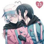  2boys ahoge android black_hair blue_jacket blush cheer_(cheerkitty14) closed_eyes commentary danganronpa_(series) danganronpa_v3:_killing_harmony earrings english_commentary english_text gloves headphones heart heart_ahoge highres hood hood_down hug jacket jewelry keebo kiss male_focus multiple_boys number parted_lips pink_jacket saihara_shuuichi short_hair simple_background teeth upper_body white_background white_headwear yaoi 