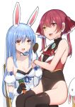  2girls animal_ears bare_shoulders black_leotard blue_hair brushing_another&#039;s_hair bunny_ears covered_navel eye_contact hair_brush hair_down highleg highleg_leotard highres hololive houshou_marine kaname_(melaninusa09) leotard leotard_under_clothes looking_at_another multiple_girls red_hair simple_background sitting sitting_on_lap sitting_on_person usada_pekora virtual_youtuber white_background 