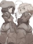  2girls ahoge animal_hat ass breasts bunny_hat collagen crossover from_behind harness hat highres llenn_(sao) long_hair looking_at_viewer looking_back military military_hat military_uniform multiple_girls short_hair small_breasts standing sword_art_online sword_art_online_alternative:_gun_gale_online tanya_degurechaff uniform youjo_senki 