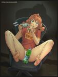  1girl :o bad_perspective bangs bare_legs barefoot blue_eyes blush bottle brown_hair chair clothes_writing commentary controller everlasting_summer highres holding holding_controller leonzo long_hair no_pants office_chair open_mouth panties pantyshot red_shirt shirt short_sleeves sitting solo spread_legs t-shirt twintails underwear upper_teeth ussr-tan white_panties 