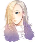  1girl blonde_hair blue_eyes dress_shirt earrings eyes_visible_through_hair hair_over_one_eye jewelry ksn_(sleeping_chick) long_hair naruto_(series) parted_lips portrait shirt simple_background smile solo white_background white_shirt yamanaka_ino 