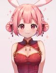  1girl :3 animal_ears bangs bare_shoulders blush breasts bunny_ears china_dress chinese_clothes chyoling cleavage cleavage_cutout clothing_cutout commentary double_bun dress floral_print flower hair_flower hair_ornament looking_at_viewer medium_breasts original pink_hair red_flower red_ribbon ribbon shiny shiny_hair short_hair smile solo sparkle upper_body 
