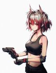  1girl animal_ears arknights bird_ears black_gloves black_shorts black_sports_bra elbow_pads gloves gun handgun highres holding holding_gun holding_weapon looking_at_viewer midriff navel red_eyes red_gloves red_hair short_hair shorts simple_background solo sports_bra suffering_(arknights) two-tone_gloves upper_body veilrain weapon white_background 