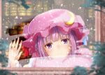  1girl bangs blue_ribbon blunt_bangs blurry blurry_background blush commentary_request crescent crescent_hat_ornament crescent_pin eyebrows_visible_through_hair from_outside hand_on_window hat hat_ornament hat_ribbon looking_at_viewer mob_cap patchouli_knowledge purple_eyes purple_hair rain ram_hachimin red_ribbon ribbon solo touhou upper_body water_drop window window_fog wiping 