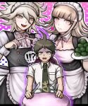  !? 1girl 2boys :d ahoge alternate_costume apron bangs breasts brown_eyes brown_hair buttons chair commentary_request crossdressing danganronpa_(series) danganronpa_2:_goodbye_despair detached_collar double-breasted enmaided flipped_hair food fork grey_hair hair_ornament hairclip highres hinata_hajime holding knife komaeda_nagito large_breasts letterboxed looking_at_viewer maid maid_headdress multiple_boys nanami_chiaki neck_ribbon official_style open_mouth pink_background pink_eyes pink_ribbon ribbon saliva shiny shiny_hair short_sleeves sitting smile sweat table tezurumozuru upper_teeth waist_apron white_apron 