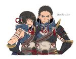  1boy 1girl armor asaya_minoru bangs black_hair blood brown_eyes clenched_teeth cropped_torso eyebrows_visible_through_hair gloves hair_between_eyes hair_ornament hand_on_hip headband holding japanese_clothes kamura_(armor) looking_at_viewer monster_hunter_(series) monster_hunter_rise short_hair simple_background teeth thighhighs twitter_username upper_body v-shaped_eyebrows white_background 