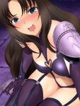  1girl adapted_costume bangs blue_eyes blush bra breasts brown_hair cleavage clothing_cutout cosplay elbow_gloves fate/grand_order fate/stay_night fate_(series) garter_belt gloves hair_between_eyes long_hair looking_at_viewer open_mouth panties purple_bra purple_gloves purple_legwear purple_panties scathach_(fate) scathach_(fate)_(all) scathach_(fate)_(cosplay) shoulder_cutout sitting small_breasts solo thigh_gap tohsaka_rin underwear very_long_hair yadokari_genpachirou 