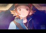  1boy aoya_(ayoyame18) baseball_cap blue_jacket brown_eyes brown_hair commentary_request hat hilbert_(pokemon) jacket letterboxed looking_at_viewer male_focus pokemon pokemon_(game) pokemon_bw red_headwear shirt short_hair signature solo upper_body upper_teeth zipper_pull_tab 
