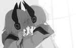  2girls blue_archive blush bow cat_ear_headphones closed_mouth commentary_request greyscale hair_bow halo headphones incest kiss long_sleeves matcha_(mattyan) midori_(blue_archive) momoi_(blue_archive) monochrome multiple_girls short_hair siblings sisters twincest twins upper_body yuri 