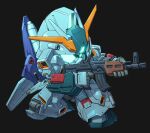  aiming aqua_eyes assault_rifle beam_rifle black_background char&#039;s_counterattack chibi energy_gun glowing glowing_eyes gun gundam gundam_msv holding holding_gun holding_weapon mecha mobile_suit re-gz_custom rifle science_fiction solo susagane v-fin weapon 