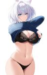  1girl animal_ears arms_up azur_lane bangs black_bra black_panties blue_eyes blue_sweater blunt_bangs bra breasts cleavage closed_mouth clothes_lift cowboy_shot expressionless eyebrows_visible_through_hair fox_ears highres kaga_(azur_lane) lace-trimmed_bra lace_trim large_breasts lifted_by_self long_sleeves looking_at_viewer panties short_hair silver_hair simple_background skindentation solo stomach sweater sweater_lift underwear undressing white_background xi_ying 