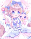  1girl :d animal_ears bangs blue_bow blue_dress blue_eyes blush bow brown_hair bunny_ears character_request commentary_request creature detached_sleeves dress eyebrows_visible_through_hair hair_bow heart highres himetsuki_luna holding holding_wand jewelpet_(series) long_hair long_sleeves magical_girl open_mouth sleeves_past_wrists smile solo two_side_up very_long_hair wand white_background white_sleeves 