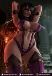  1girl armpits arms_up ass_visible_through_thighs black_hair breasts center_opening cleavage dual_wielding dungeon fingerless_gloves glasgow_smile gloves highres holding lantern large_breasts lips long_hair looking_at_viewer looking_down luminyu mask mask_removed midriff mileena monster_girl mortal_kombat mortal_kombat_9 mortal_kombat_x navel ninja no_mask open_clothes pose revealing_clothes sai_(weapon) sharp_teeth short_hair slit_pupils solo standing teeth thick_thighs thighhighs thighs venus_bikini weapon wide_hips yellow_eyes 