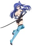  1girl absurdres ass black_leotard blue_eyes blue_hair blue_legwear blush breasts chuunioniika elbow_gloves eyebrows_visible_through_hair full_body gloves highres ignite_module kazanari_tsubasa leotard long_hair looking_at_viewer looking_back parted_lips senki_zesshou_symphogear shiny shiny_hair shoulder_blades small_breasts solo sword thighhighs transparent_background weapon 