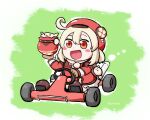  1girl :d ahoge backpack bag bangs blonde_hair bloomers blush_stickers brown_footwear brown_gloves brown_scarf cabbie_hat chibi clover_print coat commentary dodoco_(genshin_impact) english_commentary eyebrows_visible_through_hair genshin_impact gloves go_kart hat highres holding jumpy_dumpty keita_naruzawa klee_(genshin_impact) long_hair looking_at_viewer low_twintails mario_(series) mario_kart open_mouth randoseru red_coat red_eyes scarf sidelocks simple_background smile solo twintails two-tone_background underwear 
