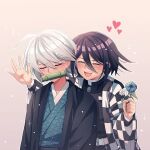  2boys ahoge bamboo bangs bit_gag black_hair black_jacket blue_flower blush checkered checkered_kimono cheer_(cheerkitty14) closed_eyes commentary cosplay cosplay_request danganronpa_(series) danganronpa_v3:_killing_harmony english_commentary flower gag gradient gradient_background grey_background grey_hair hair_between_eyes hand_up haori heart highres holding holding_flower jacket japanese_clothes kamado_nezuko kamado_nezuko_(cosplay) keebo kimetsu_no_yaiba kimono long_sleeves male_focus multiple_boys open_mouth ouma_kokichi shiny shiny_hair smile sparkle sweat upper_body waving wide_sleeves 