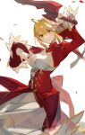  1girl ahoge bangs blonde_hair breasts dress eyebrows_behind_hair fate/extra fate/grand_order fate_(series) hair_between_eyes highres holding holding_sword holding_weapon kumatangent looking_at_viewer nero_claudius_(fate) nero_claudius_(fate)_(all) red_dress short_hair simple_background smile solo sword weapon white_background yellow_eyes 