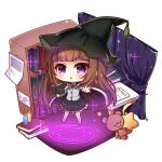  1girl bangs black_cape black_headwear black_skirt blush book bookshelf bow brown_hair cape chestnut_mouth chibi commentary_request curtains eyebrows_visible_through_hair grey_shirt hat highres holding holding_book long_hair long_sleeves looking_at_viewer magic_circle no_shoes open_book original pantyhose parted_lips purple_eyes shirt skirt solo standing star_pillow striped striped_bow stuffed_animal stuffed_toy teddy_bear very_long_hair white_legwear window witch_hat yukiyuki_441 